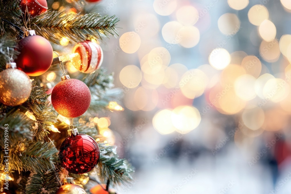 Obraz premium Festive shopping mall with christmas tree and golden and red decorations in holiday season
