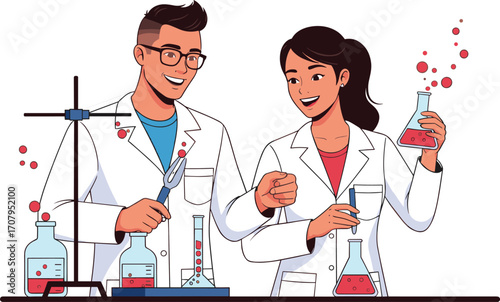 Two young chemists conducting science experiments in laboratory, wearing lab coats, using beakers and flasks, collaborating, smiling - flat vector illustration