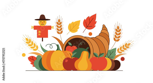 Thanksgiving Cornucopia with Autumn Harvest Vegetables and Fruits.