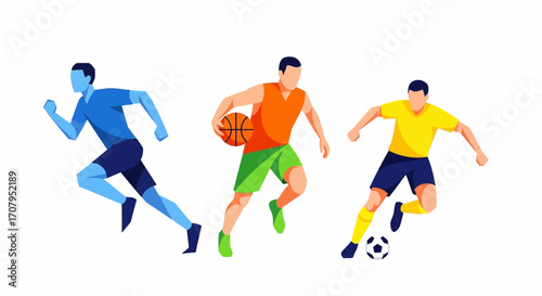 Three athletes engaged in different sports activities.