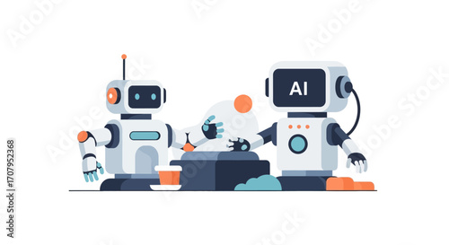 Three robots interacting with each other in a futuristic setting.