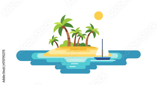 Tropical island paradise with palm trees and a sailboat.