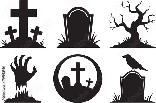 Cross religion cemetery vector illustration with christian symbols and graveyard design. Halloween icon set