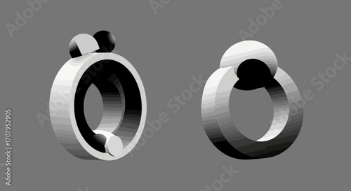 Two abstract 3D rendered metallic ring shapes with spheres, showcasing modern design and minimalist aesthetics.