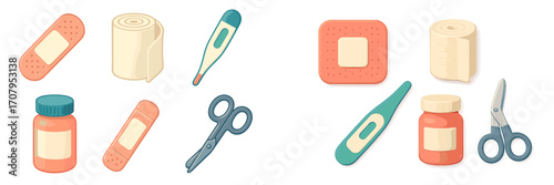 Essential medical supplies and first aid equipment including bandages, gauze, thermometer, medicine bottles, and scissors for health care