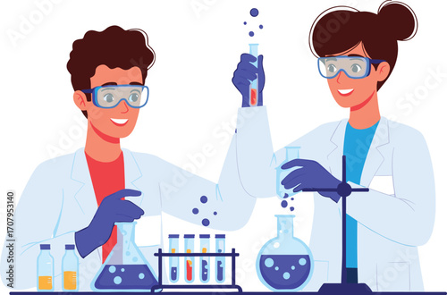 Two young scientists working in laboratory, conducting chemical experiments, wearing safety goggles and gloves