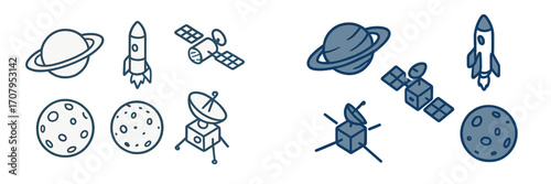 Outer space exploration featuring planets, flying rockets, communication satellites, and lunar lander