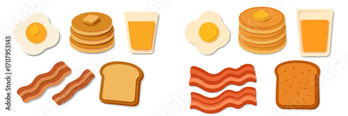 Delicious breakfast food items in paper cut style with pancakes, eggs, bacon, toast, and juice