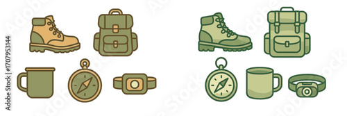 Essential outdoor adventure equipment set including hiking boots, backpack, compass, mug, and headlamp for camping and trekking