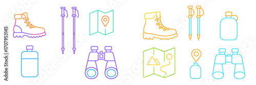 Essential outdoor adventure gear and hiking equipment line icons for travel, camping, and wilderness exploration