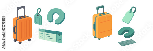 Essential travel items for vacation including rolling suitcase, luggage tag, neck pillow, and boarding pass