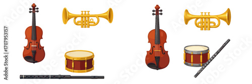 Classical string, brass, and percussion instruments for music, orchestra, and band themes, isolated on white