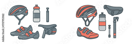 Variety of bicycle riding accessories and equipment including protective helmets, specialized shoes, and hydration bottles