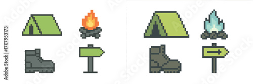 Detailed pixel art set depicting camping and hiking essentials: tent, warm campfire, sturdy boot, and clear directional sign