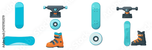 Skateboard and snowboard equipment set featuring decks, trucks, wheels, and a boot on a clean white background