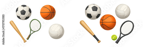 Collection of diverse sports equipment: soccer ball, basketball, volleyball, baseball bat, and tennis racket