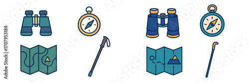 Outdoor adventure and exploration equipment set with binoculars, compass, map, and trekking pole icons