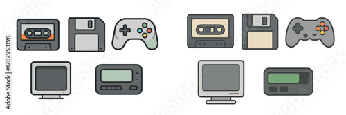 Retro electronic devices and vintage storage media including audio cassettes, floppy disks, game controllers, monitors, and pagers