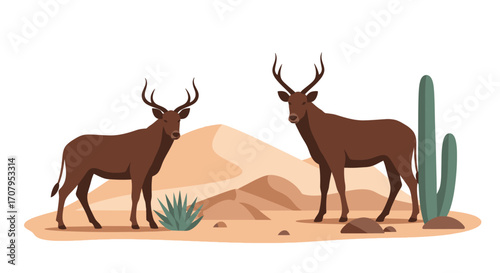 Two majestic elk standing in a desert landscape with cacti and sand dunes.
