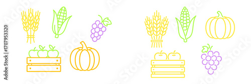 Colorful outline icons of various farm produce, including wheat, corn, grapes, pumpkins, and apples in a wooden crate