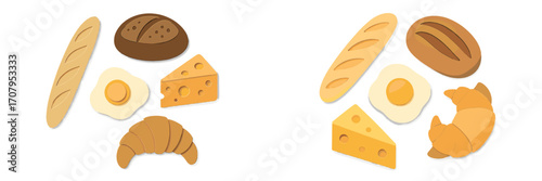 Assortment of breakfast foods including baguette, croissant, fried egg, and cheese in a stylized paper cut design