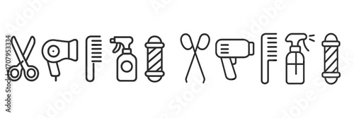 Professional hair salon and barber shop tools and equipment line icons set for beauty and grooming services