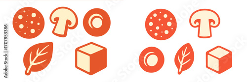 Stylized food ingredients for pizza, featuring pepperoni, mushroom, onion, basil leaf, and cheese cube