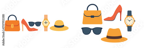 Stylish women's fashion accessories collection featuring handbags, high heels, sunglasses, watches, and hats