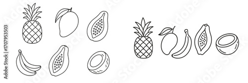 Minimalist outline collection of tropical fruits: pineapple, mango, banana, papaya, and coconut halves