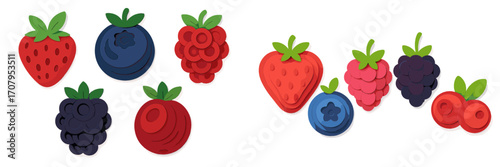 Assorted paper cut style berries including strawberries, blueberries, raspberries, blackberries, and cranberries