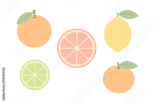 Colorful assortment of fresh citrus fruits including whole oranges, bright yellow lemon, pink grapefruit slice, and vibrant green lime slice