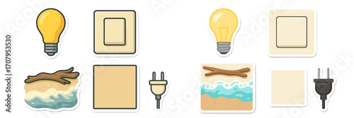 Diverse collection of glowing light bulbs, modern electrical switches, power plugs, and serene beach scene elements