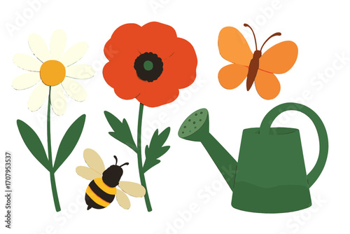 Colorful spring garden elements with daisy, poppy, flying butterfly, buzzing bee, and green watering can on white background