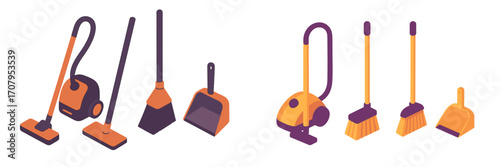 A variety of household cleaning equipment and tools including vacuum cleaners brooms and dustpans for domestic use