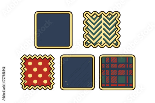 Assortment of colorful fabric swatches displaying diverse patterns including polka dots, plaid, and herringbone designs