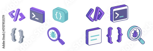 Isometric programming and debugging icons set for software development, web design, digital technology, and coding projects