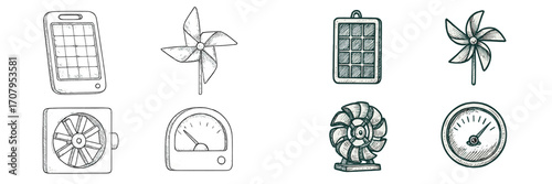 Hand drawn collection of renewable energy sources and measurement devices for sustainable technology