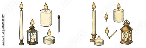 Assortment of burning candles, vintage lantern with a lit candle, and matches in an old-fashioned engraving style
