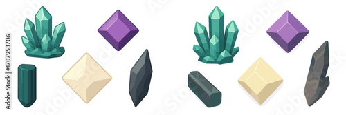 Assortment of colorful stylized crystals and precious gems in various shapes and sizes for game design elements