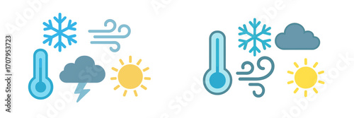 Set of weather forecast symbols featuring sun, cloud, wind, snow, thermometer, lightning, and rain icons