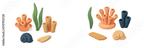 Collection of vibrant stylized marine life elements featuring various types of coral, green seaweed, and spiral seashells on a clean white background
