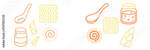 Asian food ingredients and condiments set including ramen noodles, spoon, narutomaki, and bamboo shoots