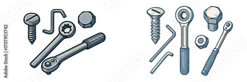 Assortment of common hand tools and hardware elements including ratchet wrenches, hex keys, screws, and nuts