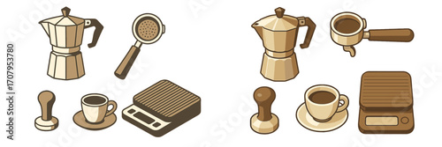 Essential coffee brewing equipment set featuring moka pot, portafilter, tamper, cup, and digital scale for home barista