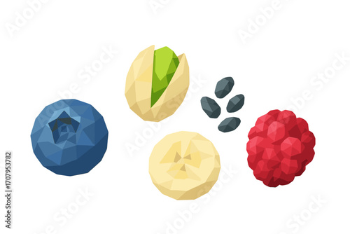 Collection of low poly style fresh fruits and nuts including blueberry, raspberry, banana slice, pistachio, and seeds