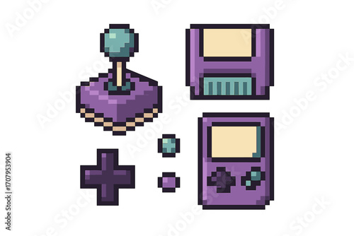 Collection of retro pixel art gaming console, joystick, game cartridge, and control buttons for vintage entertainment design