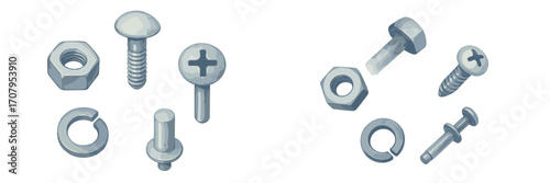 Assortment of essential metal hardware components: nuts, bolts, screws, and washers for construction and repair