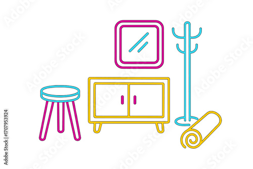 Modern minimalist outline furniture and home decor items set including stool cabinet mirror coat rack and rolled mat with vibrant colors