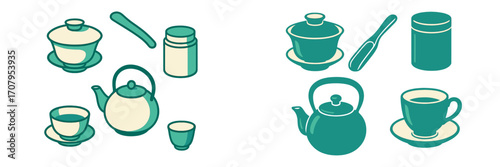 Collection of traditional Asian tea ceremony utensils and accessories including teapot, cups, and scoop