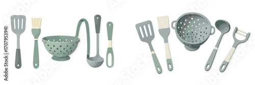 Modern kitchen utensils set with cooking tools including spatula, brush, colander, ladle, and peeler in muted colors